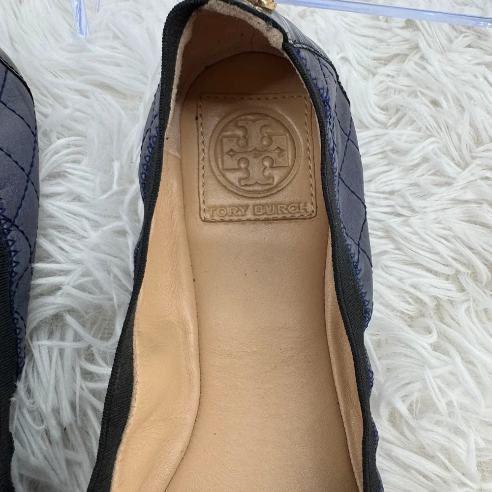 Tory Burch Bridgette Ballet Flats Slate Blue Quilted Patent Cap Toe Size 9M